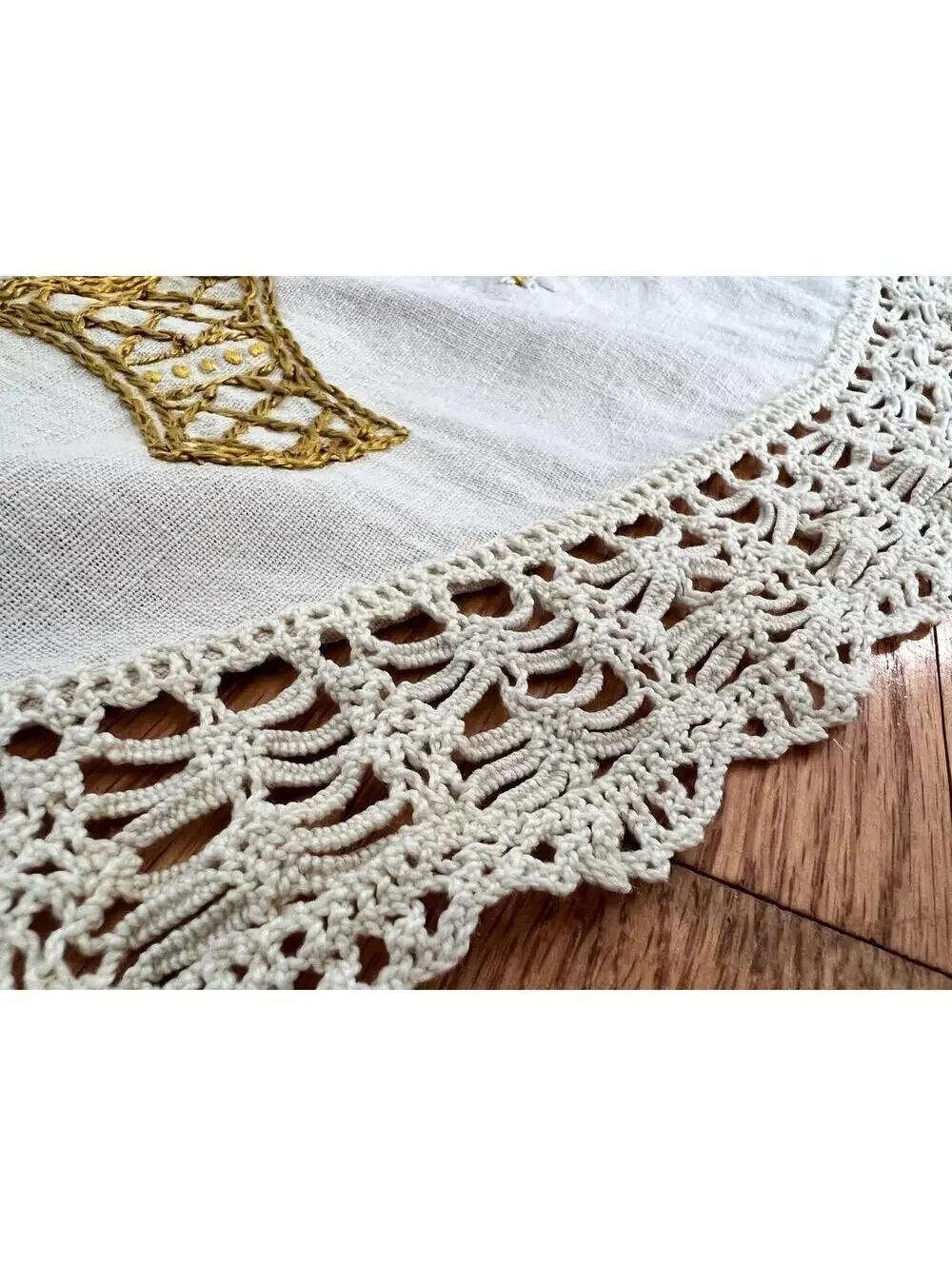 Vintage Embroidered Linen Doily | Floral Crochet Lace Table Topper